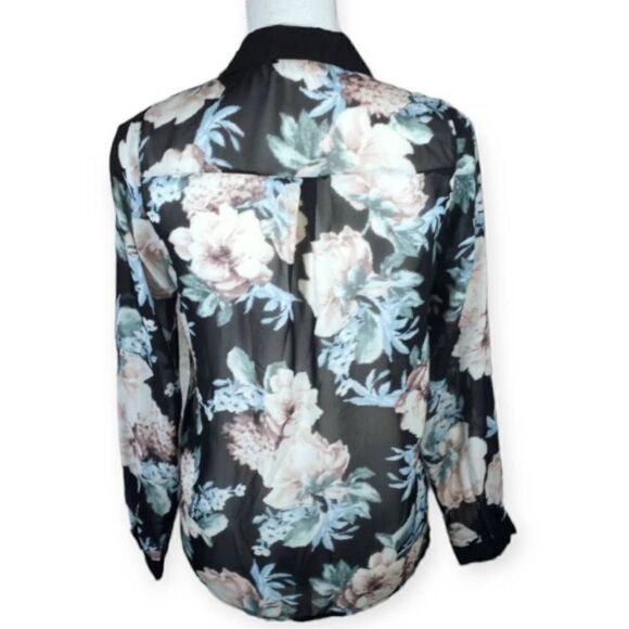 ATMOSPHERE SHEER BLACK, PINK, & BLUE FLORAL BUTTON DOWN BLOUSE SZ.US6 EUC. - Picture 3 of 6